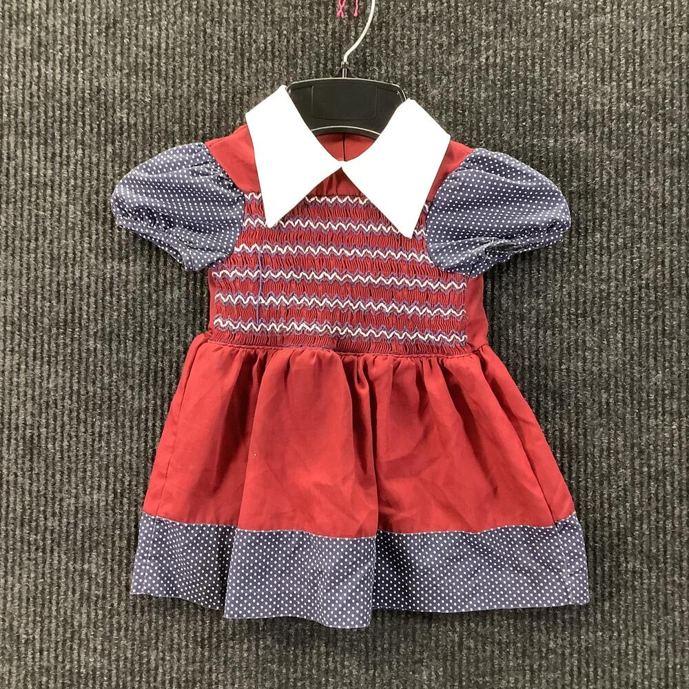 Vintage Sears Dress Girls 3 Red Blue Smocked Bodice Polka Dot PERMA-PREST 70s